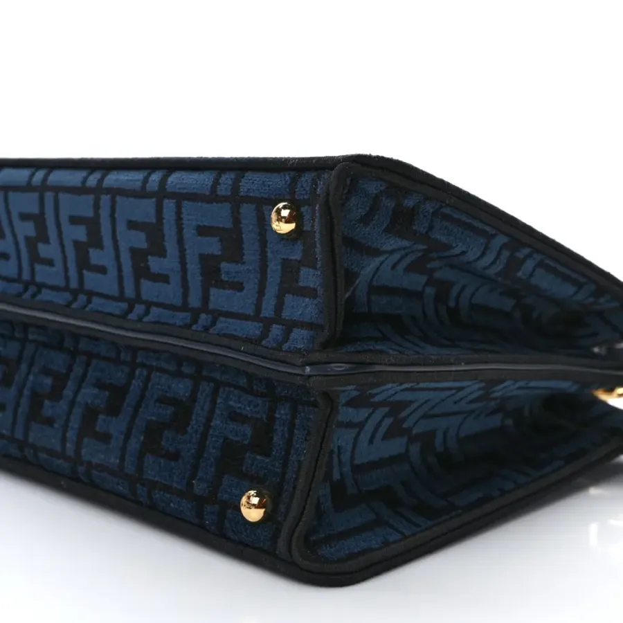 Fendi Medium FF Peekaboo I SEE U Satchel Blue/Black Chenille & Vitello Seta Leather Gold Hardware