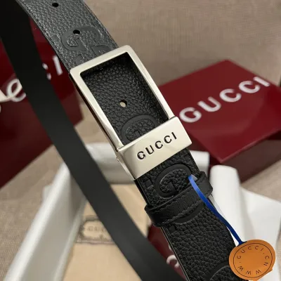 Gucci Men's Rectangular Buckle Reversible Belt In Black Monogram Calfskin With Gold/Silver Hardware 35mm