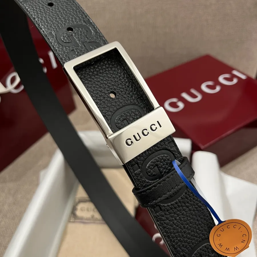 Gucci Men's Rectangular Buckle Reversible Belt In Black Monogram Calfskin With Gold/Silver Hardware 35mm