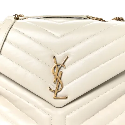 Saint Laurent Medium Loulou Chain Satchel Crema Soft Y-Quilted Monogram Calfskin Leather Silver Hardware