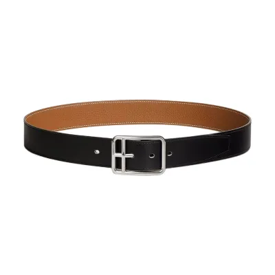 Hermès Men' s Square Buckle Half Cod Reversible Belt In Black And Brown Calfskin With Silver Hardware 38mm