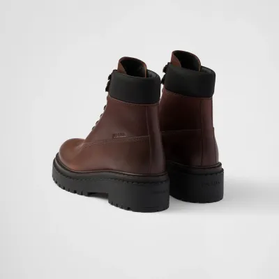 PRADA Dark brown leather and recycled nylon ankle boots
