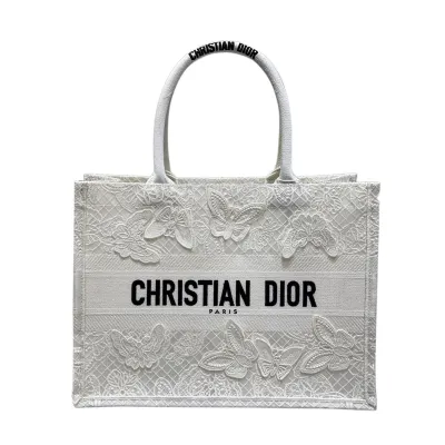 Dior Medium Dior Book Tote White D-Lace Butterfly Embroidery with Macramé