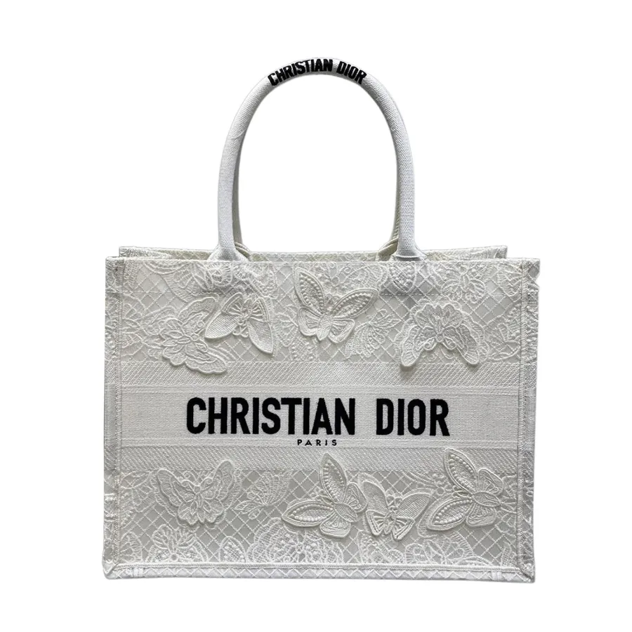 Dior Medium Dior Book Tote White D-Lace Butterfly Embroidery with Macramé