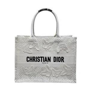 Dior Medium Dior Book Tote White D-Lace Butterfly Embroidery with Macramé