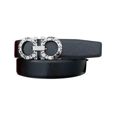 Ferragamo Men's Double Gancini Buckle Belt In Black/Coffee Grained Calfskin With Silver Hardware 35mm