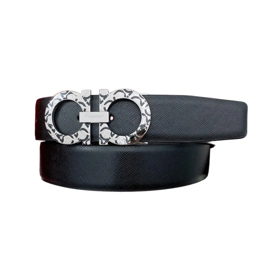 Ferragamo Men's Double Gancini Buckle Belt In Black/Coffee Grained Calfskin With Silver Hardware 35mm