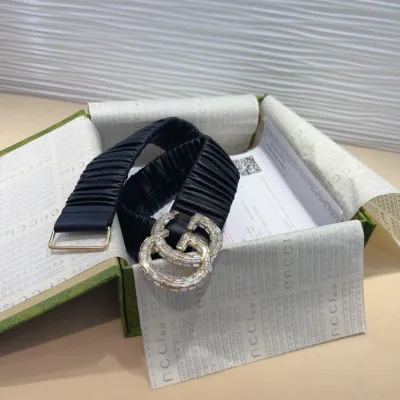 Gucci Women's GG Buckle With Crystals Elastic Belt In Black Calfskin With Silver Hardware 30mm/40mm