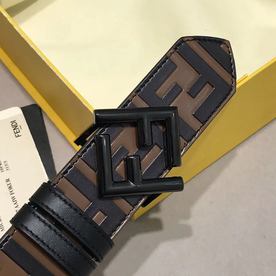 Fendi Men's FF Diamonds Belt In Brown/Black Calfskin With Gold/Silver/Black Hardware 38mm