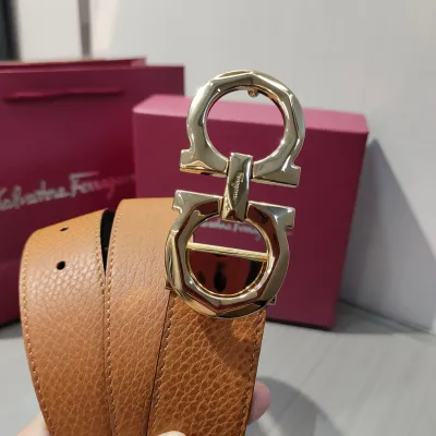 Ferragamo Men's Double Gancini Buckle Reversible Belt In Orange/Black/Brown/Blue Grained Calfskin With Gold/Silver Hardware 35mm