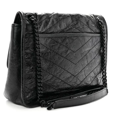 Saint Laurent Medium Niki Chain Satchel Black Crinkled Monogram Calfskin Matelasse Leather Black Hardware