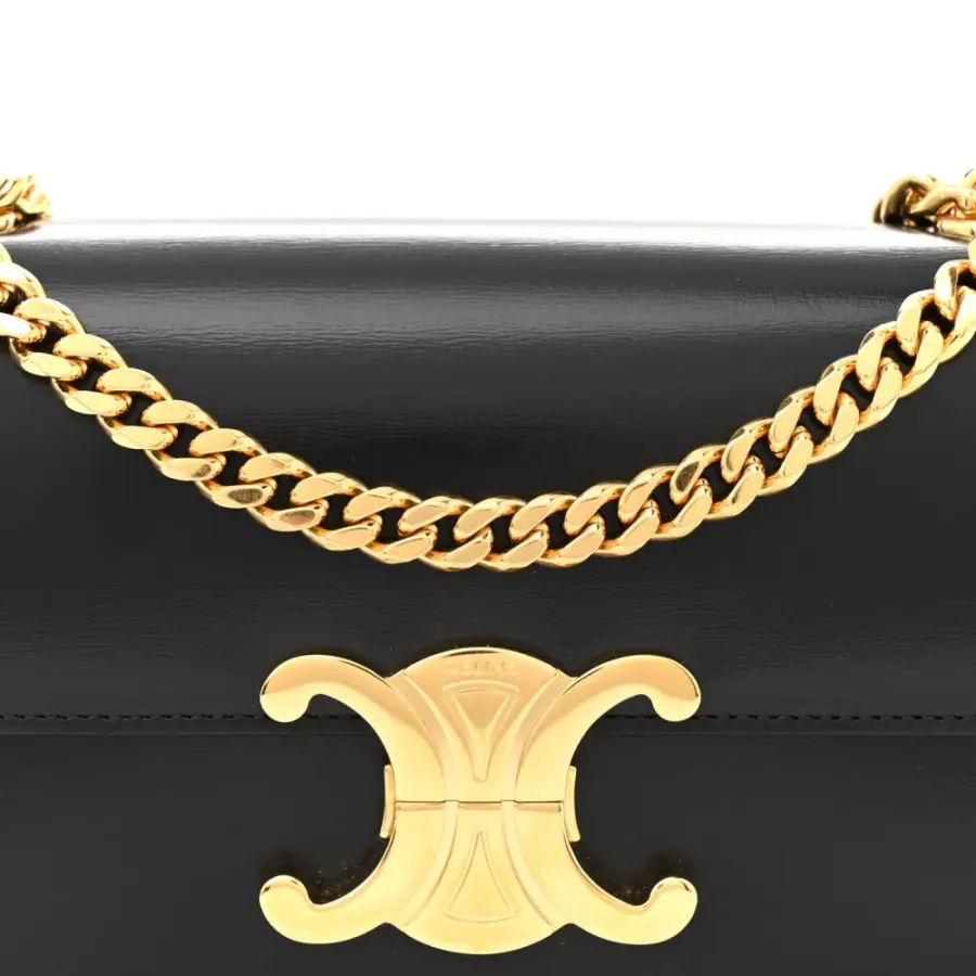 Celine Small Triomphe Chain Shoulder Bag Black Shiny Calfskin Leather Gold Hardware