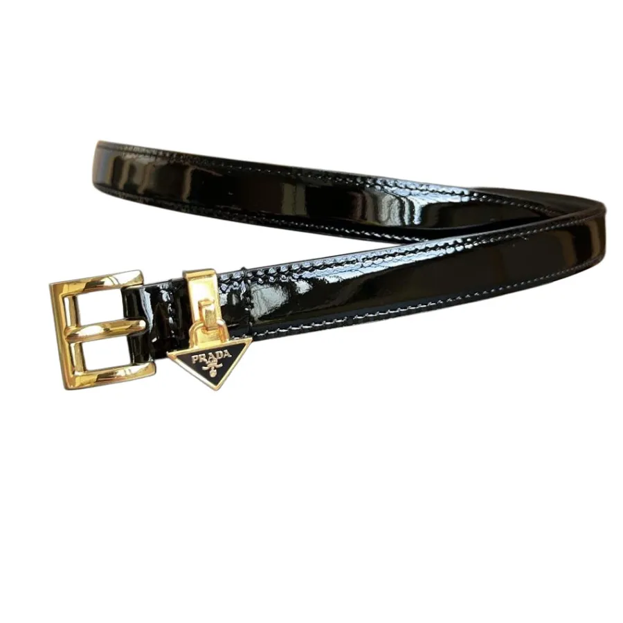 Prada Women' s Square Buckle Thin Belt In Black/Brown/White Calfskin With Gold/Silver Hardware 15mm