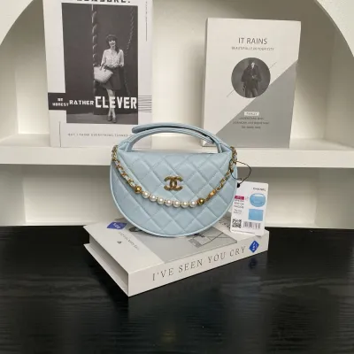 Chanel Pearl Handle hula hoop handbag Blue/purple/pink/white/black granular cowhide crossbody bag
