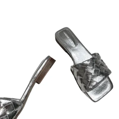 Bottega Veneta Parco Mule In Silver/Gold Intrecciato Leather Flat Mule Sandal