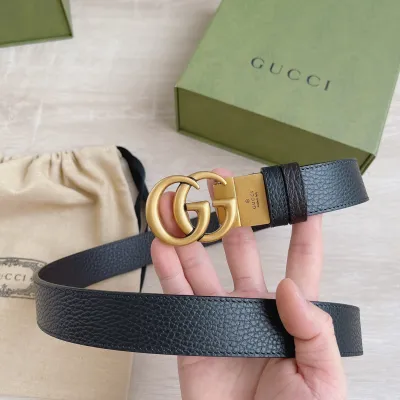 Gucci Women's Double G Buckle Belt In Black Grained Calfskin With Gold Hardware 30mm