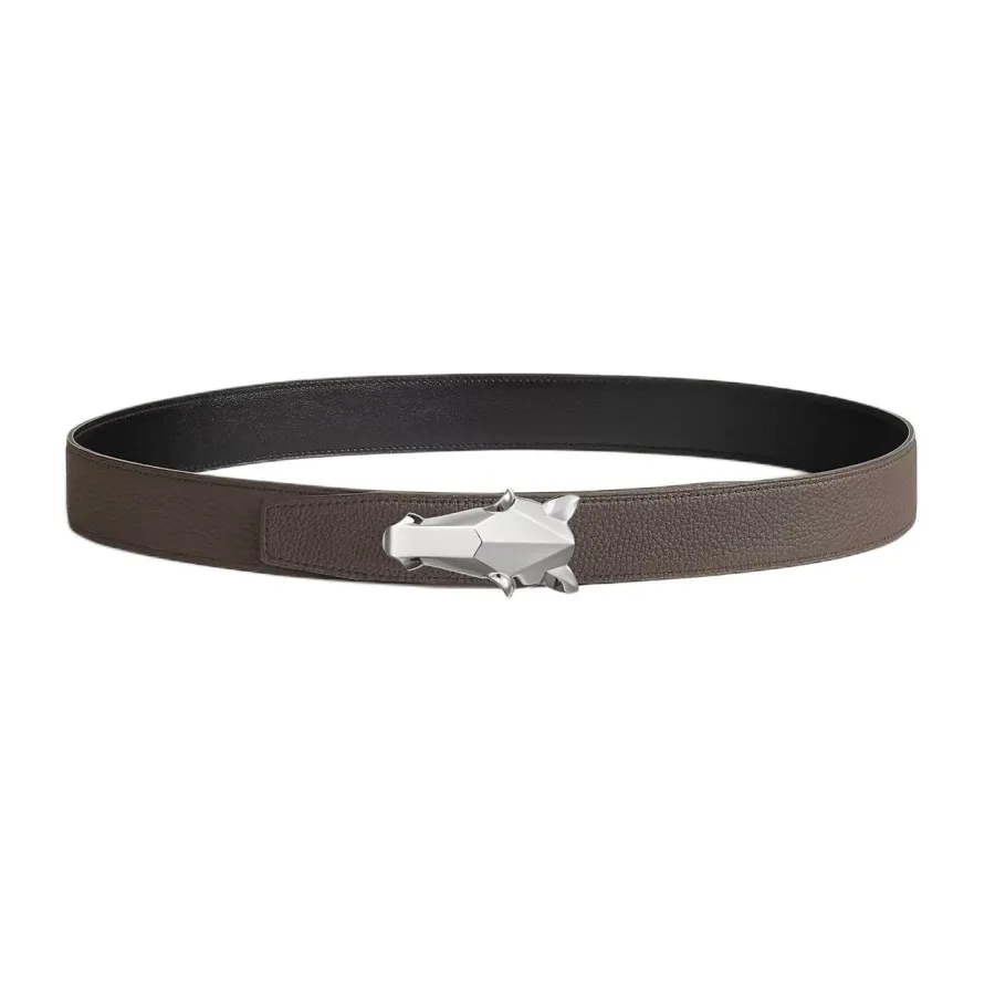 Hermès Men' s Destrier Buckle Reversible Belt In Black/Etoupe/Coffee/Brown/Blue Grained Calfskin With Silver Hardware 32mm