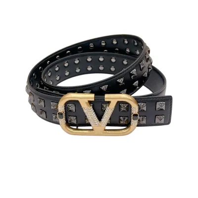 Valentino V Buckle Belt In Gold/Black Red/Black Calfskin With Gold Hardware And Rockstud 40mm