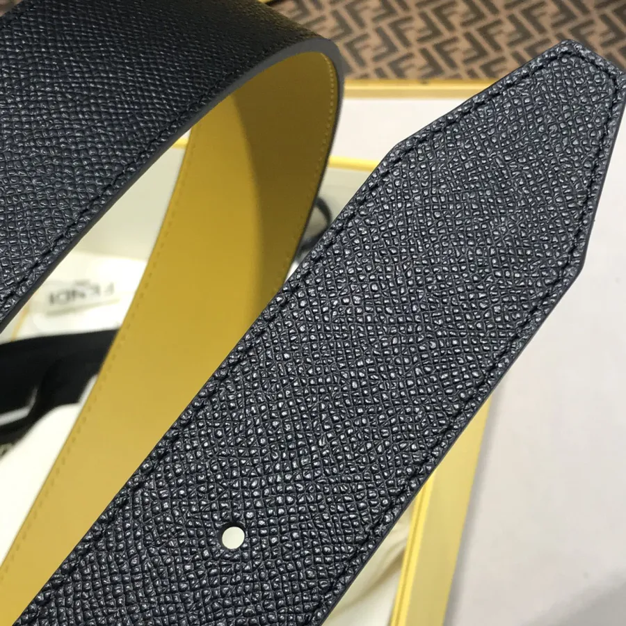 Fendi Men's Rounded FF Reversible Belt In Black/Yellow/Grey/Blue Calfskin With Silver Hardware 38MM