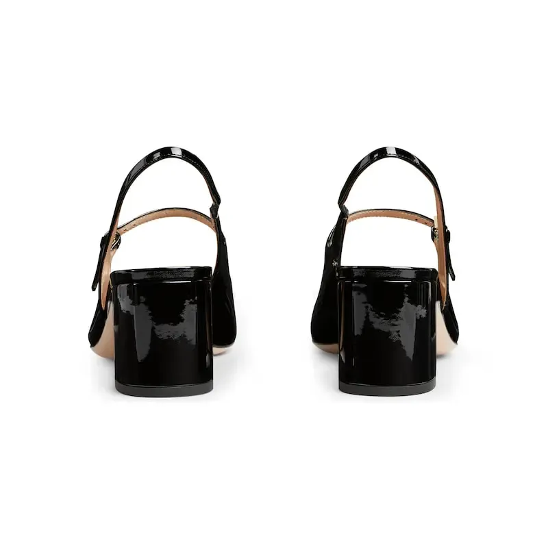 Gucci Black patent leather Square toed, thick heeled, horseneck buckle, shallow high-heeled shoes