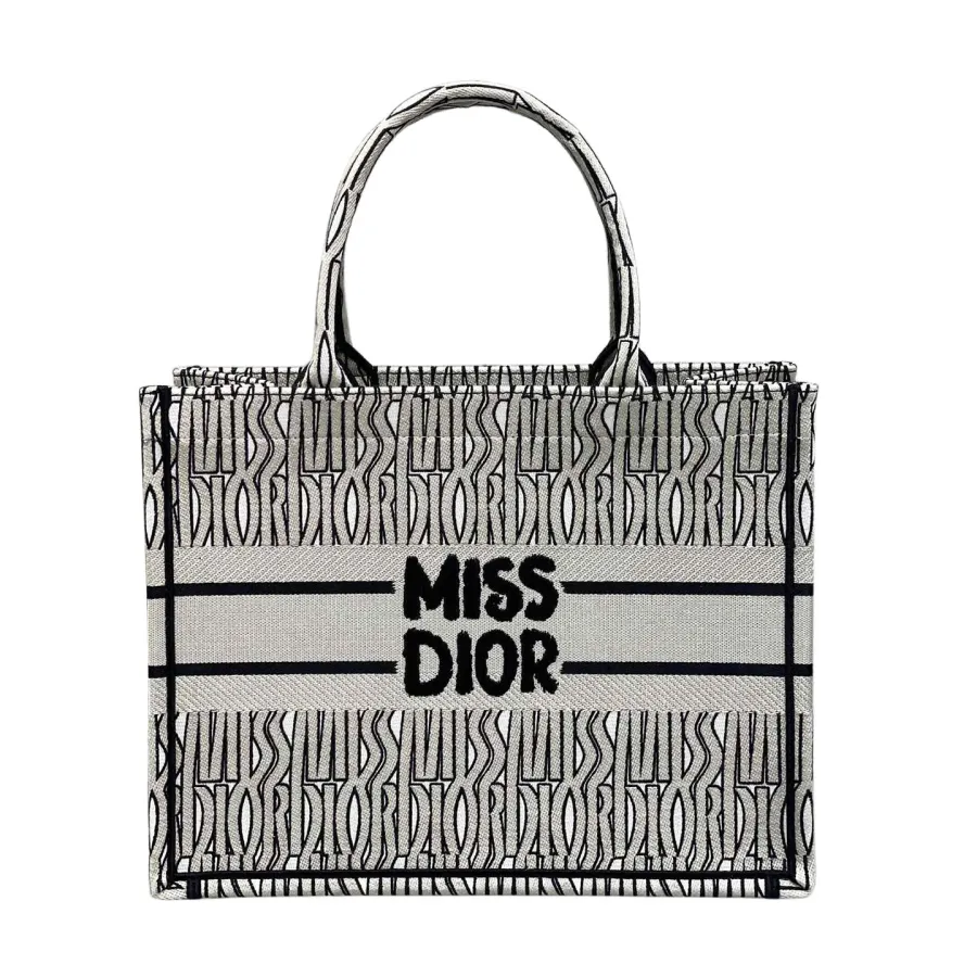 Dior Medium Dior Book Tote In White And Beige/Pink/Blue Miss Dior Allover Embroidered Canvas