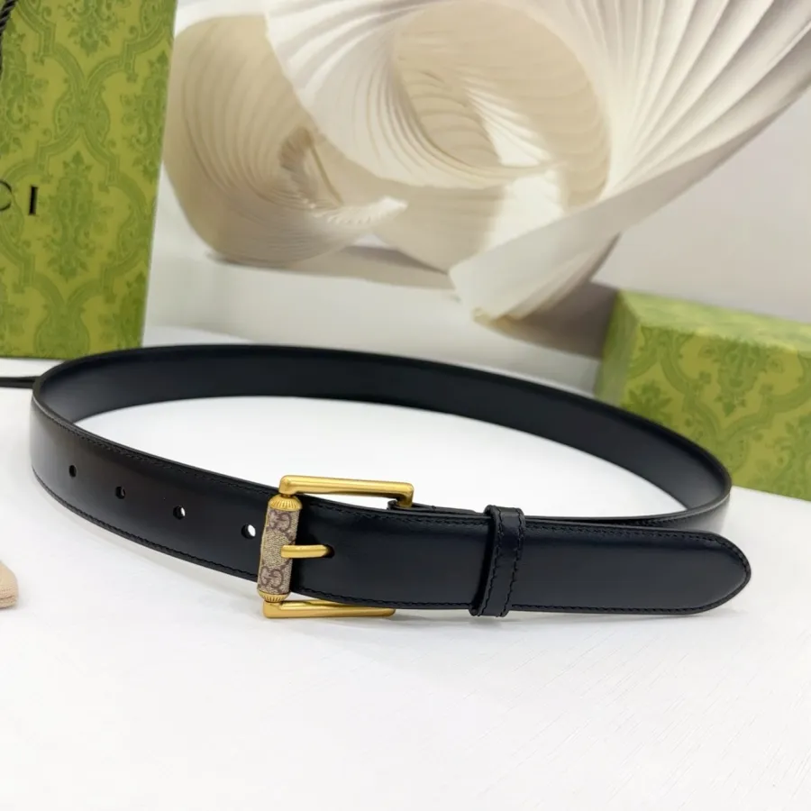 Gucci Women's Emblem Belt With Monogram Buckle In Brown/White/Black Smooth Calfskin With Gold Hardware 30mm