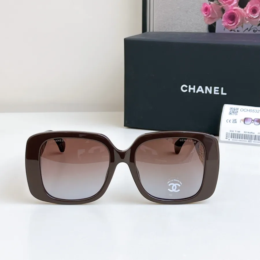CHANEL square frame glasses brown gold color size 54-20-140