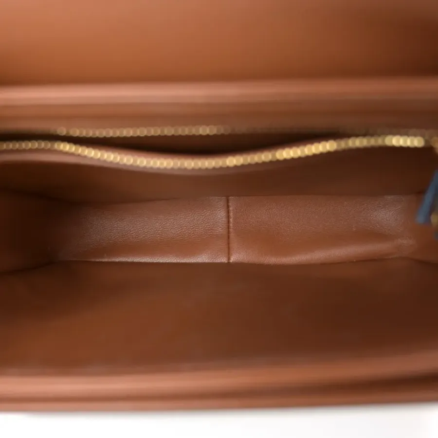 Celine Teen Triomphe Bag Medium Tan Calfskin Leather & Triomphe Canvas Gold Hardware