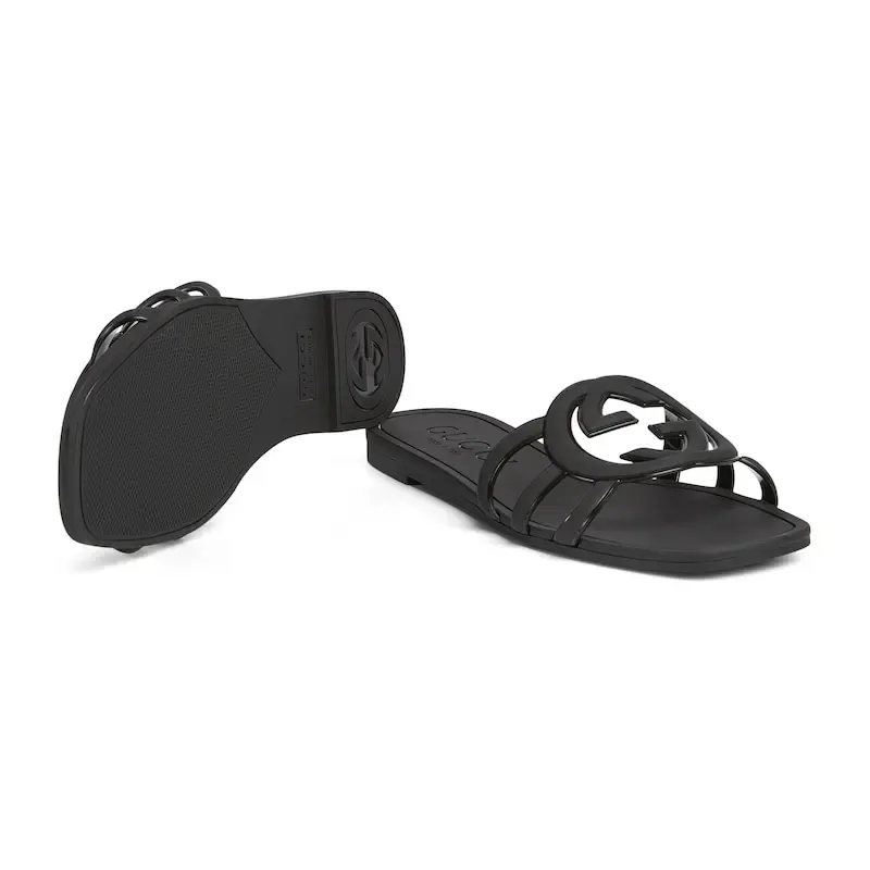 Gucci square head black flat bottom slippers