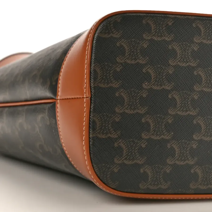 Celine Small Bucket Bag Tan Triomphe Canvas & Calfskin Leather Gold Hardware