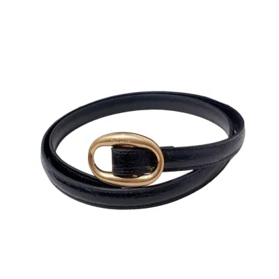 Saint Laurent Oval Buckle Thin Belt In Black Calfskin With Gold/Silver Hardware 15mm