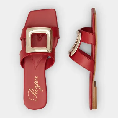 Roger Vivier Viv' By The Sea Mules Flats In Red Leather With Metal Buckle