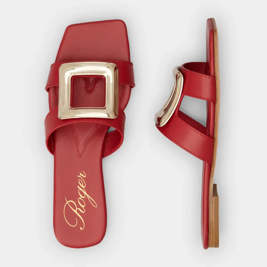 Roger Vivier Viv' By The Sea Mules Flats In Red Leather With Metal Buckle