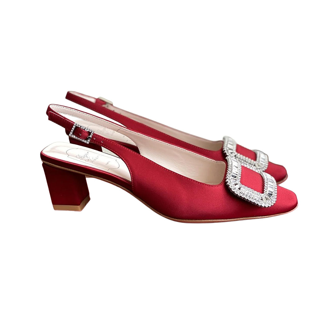 Roger Vivier Belle Viver Slingback Pumps Salto Alto em Cetim Vermelho/Bege com Fivela de Cristal (Altura do Salto 4,5cm)