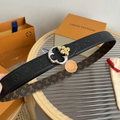 Louis Vuitton Women's Flowergram Round Buckle Reversible Belt In Black/White/Brown Calfskin And Monogram Canvas With Gold/Silver Hardware 30mm