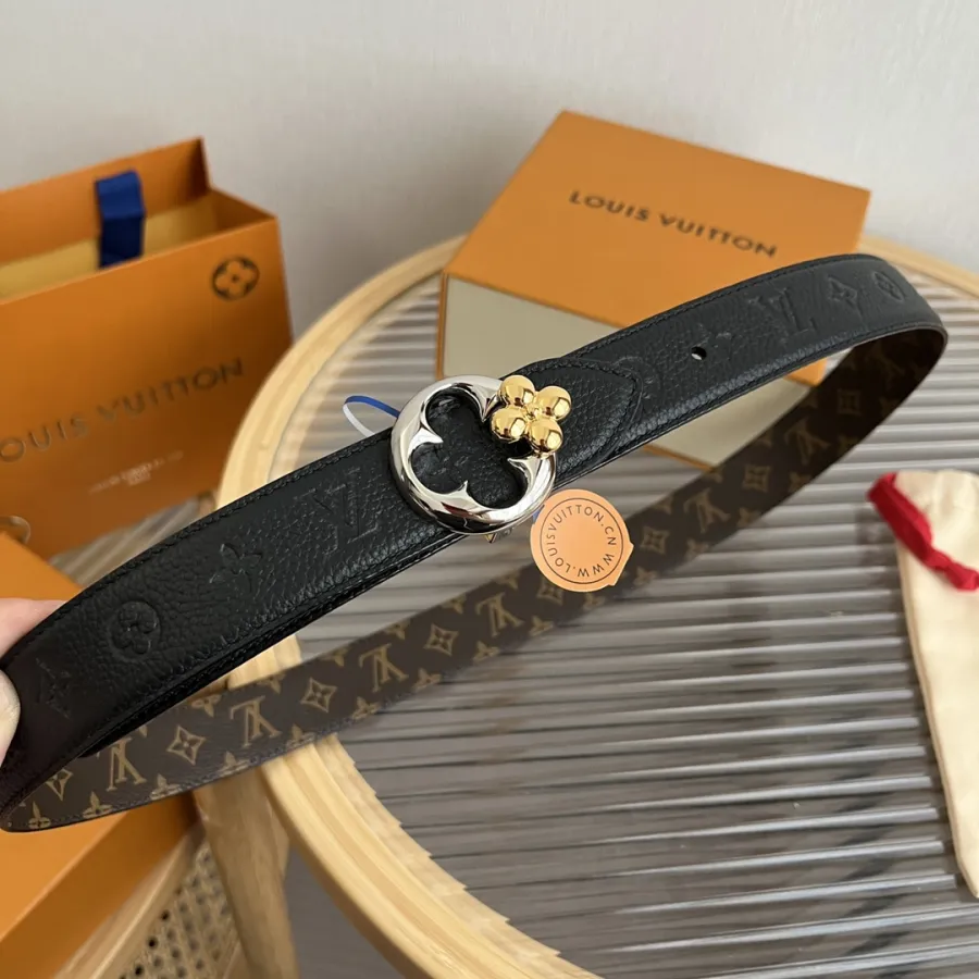 Louis Vuitton Women's Flowergram Round Buckle Reversible Belt In Black/White/Brown Calfskin And Monogram Canvas With Gold/Silver Hardware 30mm