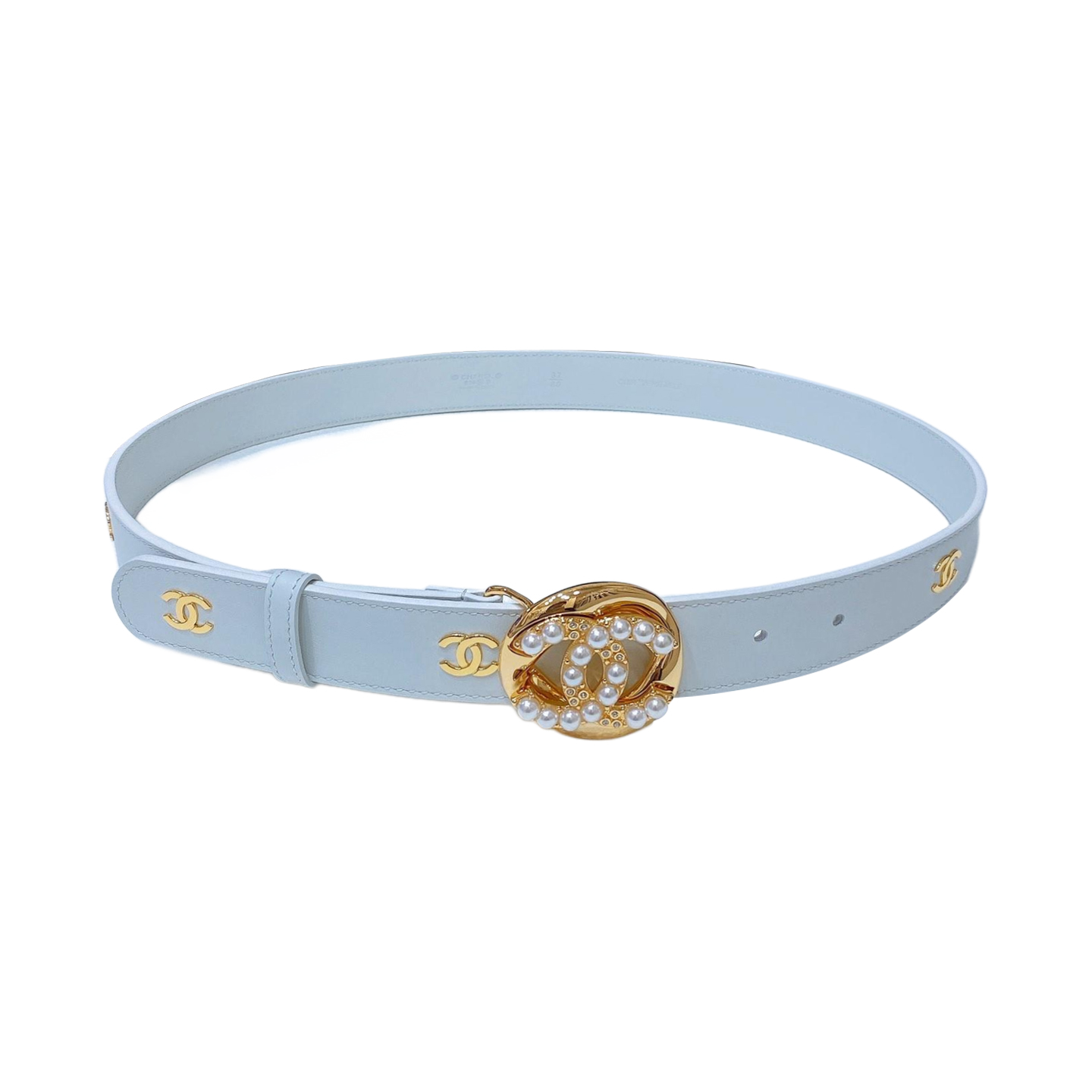 Cinto CC de Pérolas para Mulheres da Chanel em Pele de Cordeiro Azul/Preto/Branco com Ferragens Douradas/Prateadas