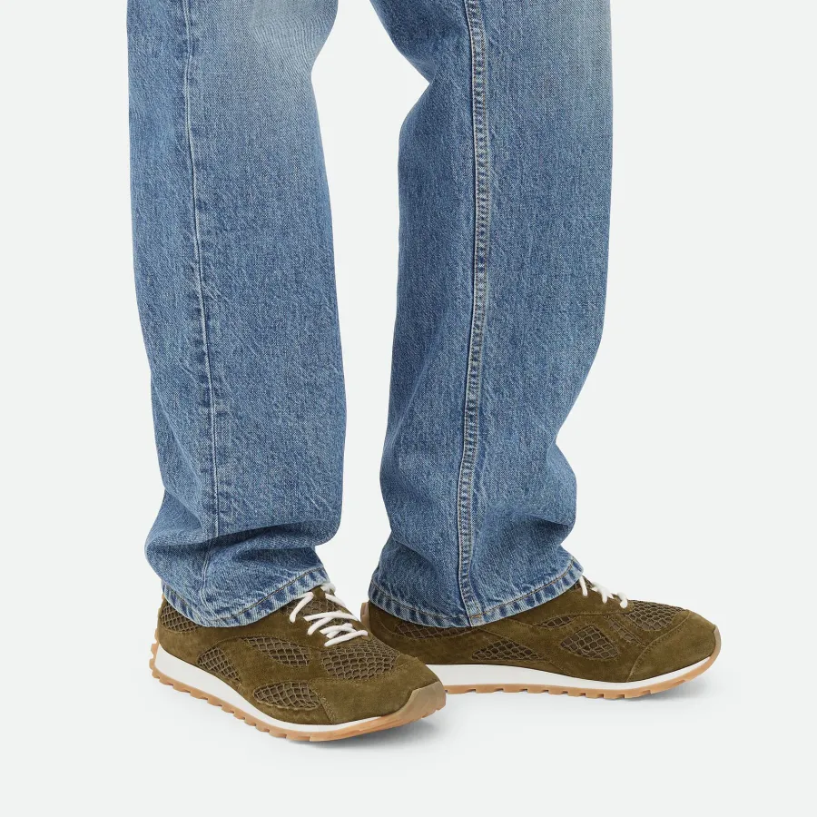 Bottega Veneta Orbit Flash Sneakers In Olive Weathered Suede Leather And Mesh Lace-Up Sneaker