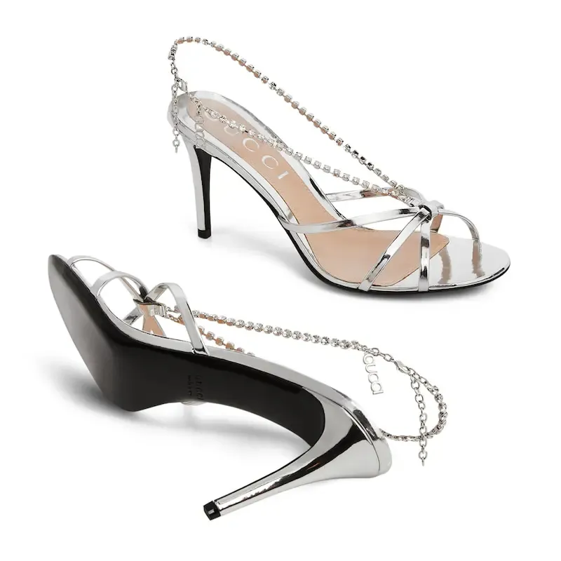 Gucci silvery crystal chain round head high heels sandal