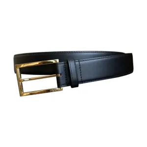 Prada Men' s Square Buckle Belt In Black Smooth Calfskin With Gold/Silver Hardware 35mm