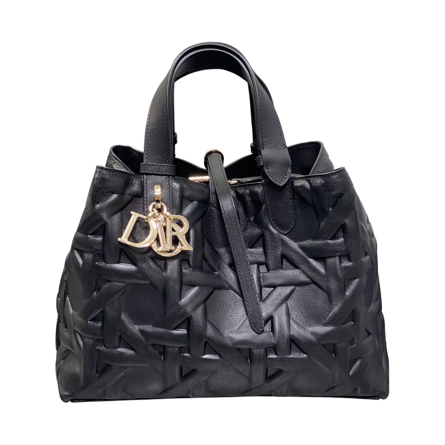 Bolsa Dior Toujours Média em Couro Calfskin Cannage Preto Gráfico com Hardware Dourado