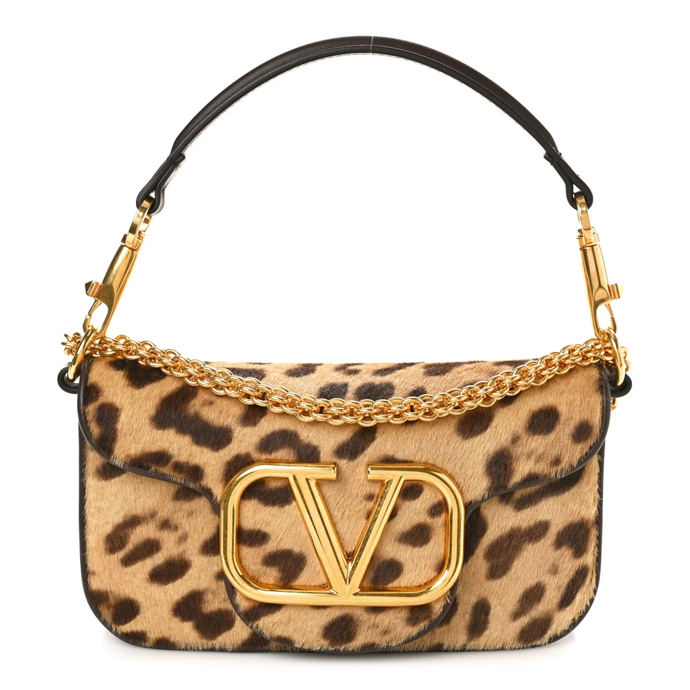 Valentino Garavani Bolsa de Ombro Small VLogo Locò Marrom Multicolor Pelo de Pônei Leopardo Hardware Dourado
