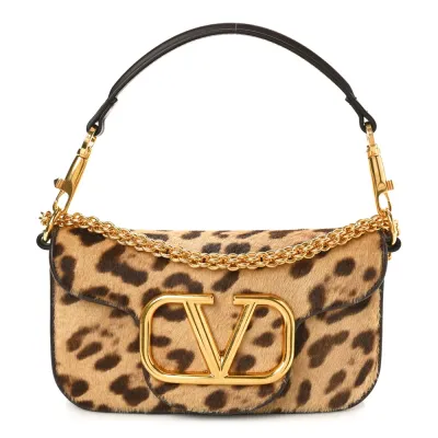 Valentino Garavani Small VLogo Locò Shoulder Bag Brown Multicolor Pony Hair Leopard Gold Hardware