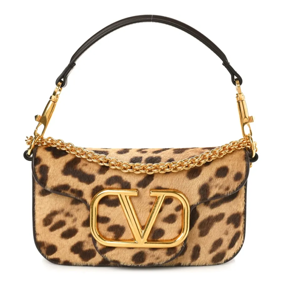 Valentino Garavani Small VLogo Locò Shoulder Bag Brown Multicolor Pony Hair Leopard Gold Hardware