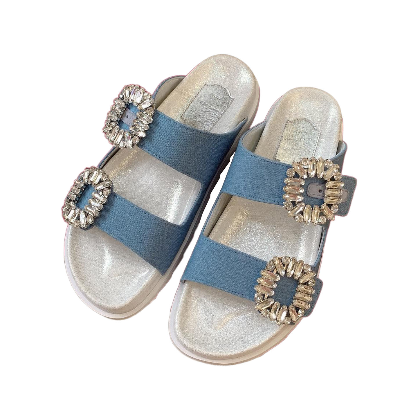 Roger Vivier Slidy Viv' Mules Sandal Em Azul Denim Com Fivela De Cristal