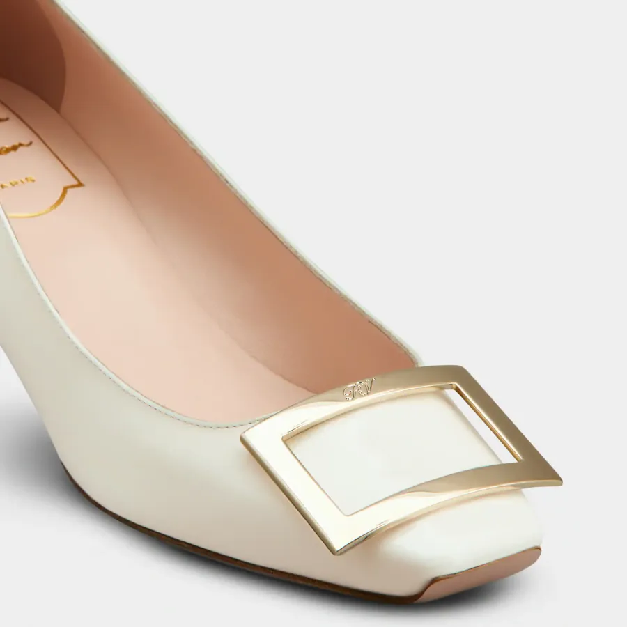 Roger Vivier Trompette Pumps High Heels In White Patent Leather With Metal Buckle (Heel Height 4.5cm)