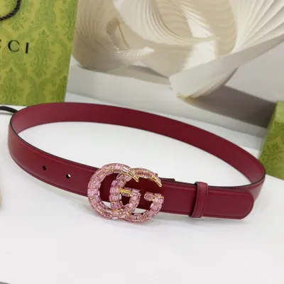 Gucci Women's GG Buckle With Crystals Marmont Thin Belt In Black/Red/Khaki/White/Grey/Green Smooth Calfskin With Gold/Silver Hardware 30mm