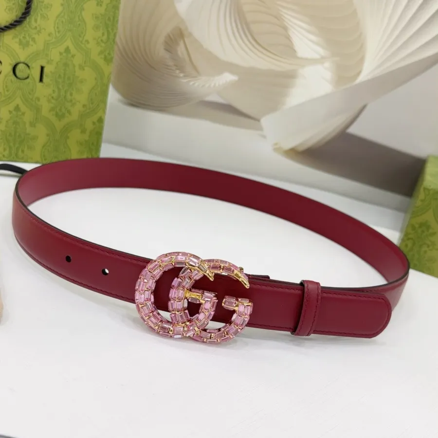 Gucci Women's GG Buckle With Crystals Marmont Thin Belt In Black/Red/Khaki/White/Grey/Green Smooth Calfskin With Gold/Silver Hardware 30mm