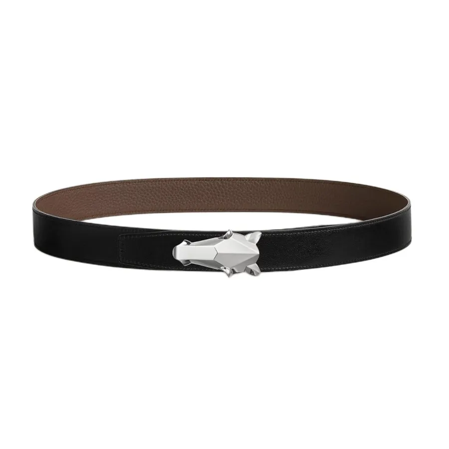 Hermès Men' s Destrier Buckle Reversible Belt In Black/Etoupe/Coffee/Brown/Blue Grained Calfskin With Silver Hardware 32mm