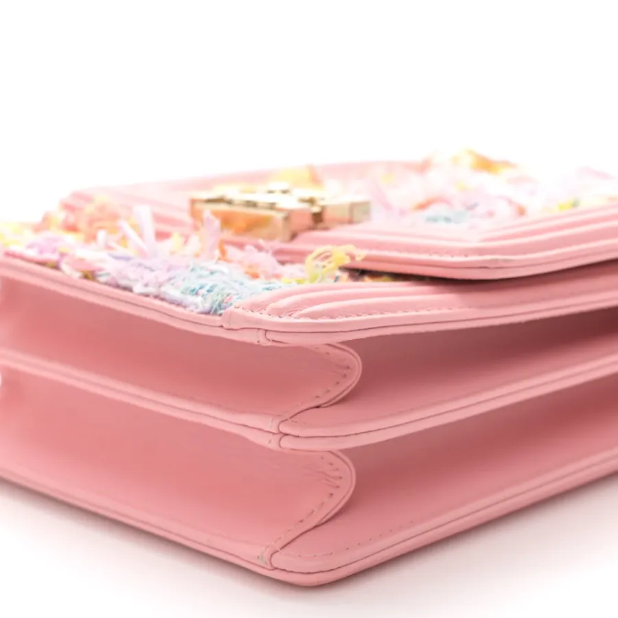 Chanel North-South Boy Flap Medium Pink Tweed & Quilted Calfskin Leather Light Gold Hardware